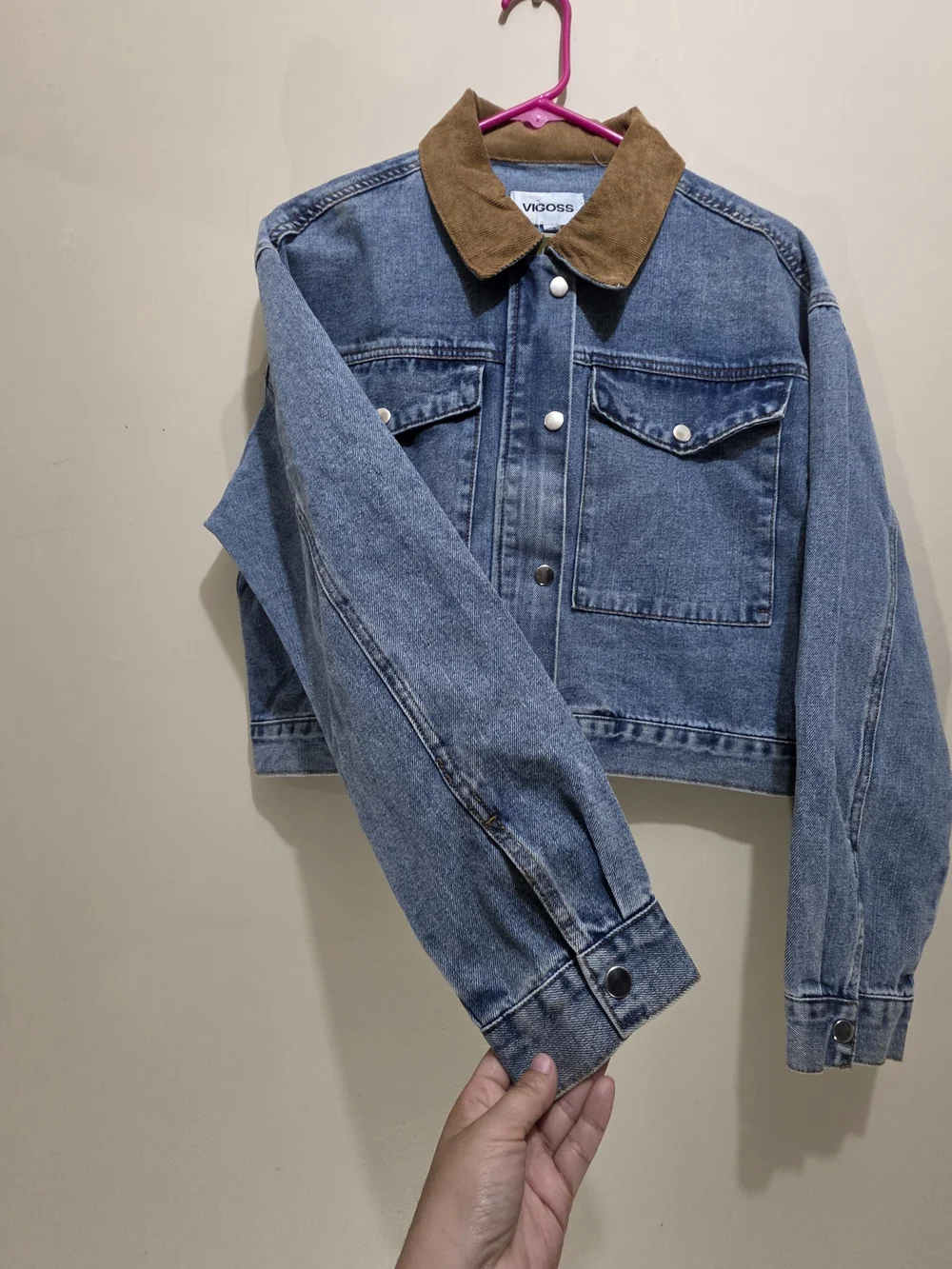 VIGOSS Cropped Denim Jacket Small Corduroy Collar Snap Front Blue - Picture 5 of 13